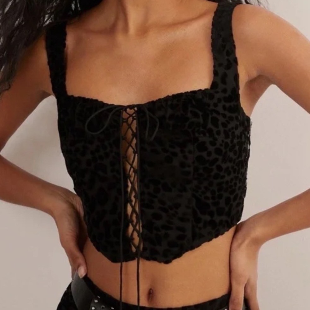 Nasty Gal Black Leopard Velvet Lace Up Corset Crop Top 12 Mob Wife Whimsy goth